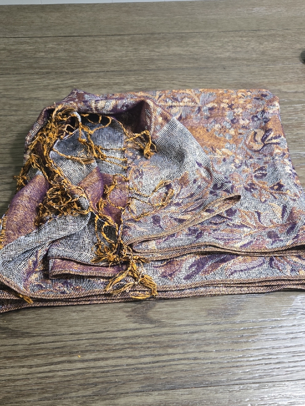 Metallic Floral Fringe Scarf in Purple & Gold